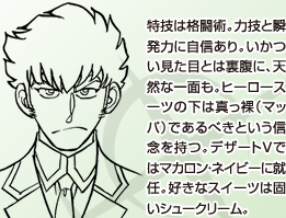 Feats fighting art.  There is confidence in the instantaneous power and brute force.  Despite the rugged appearance, also one side a natural.  Under the hero suit with the belief that nudity should be (mapper).  He was appointed to the navy in macaroon dessert V.  Favorite Suites is hard cream puff.